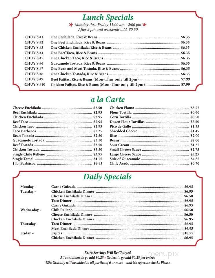 Chuy's 5 - Haltom City, TX menu_pic