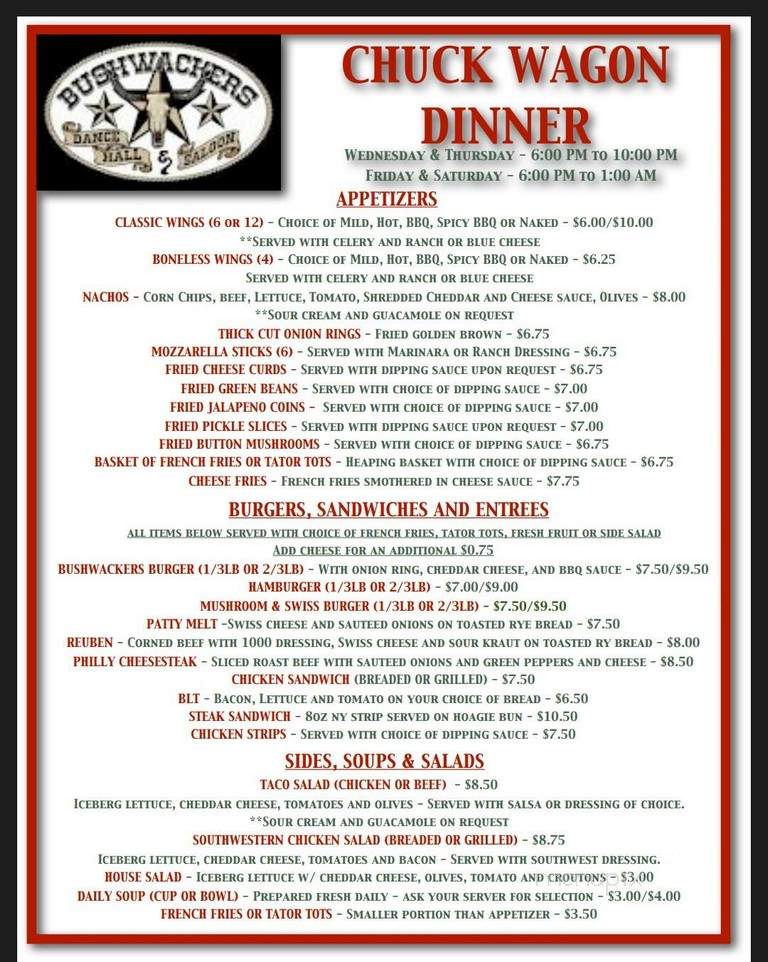 Bushwacker's Saloon & Dance - Ralston, NE menu_pic
