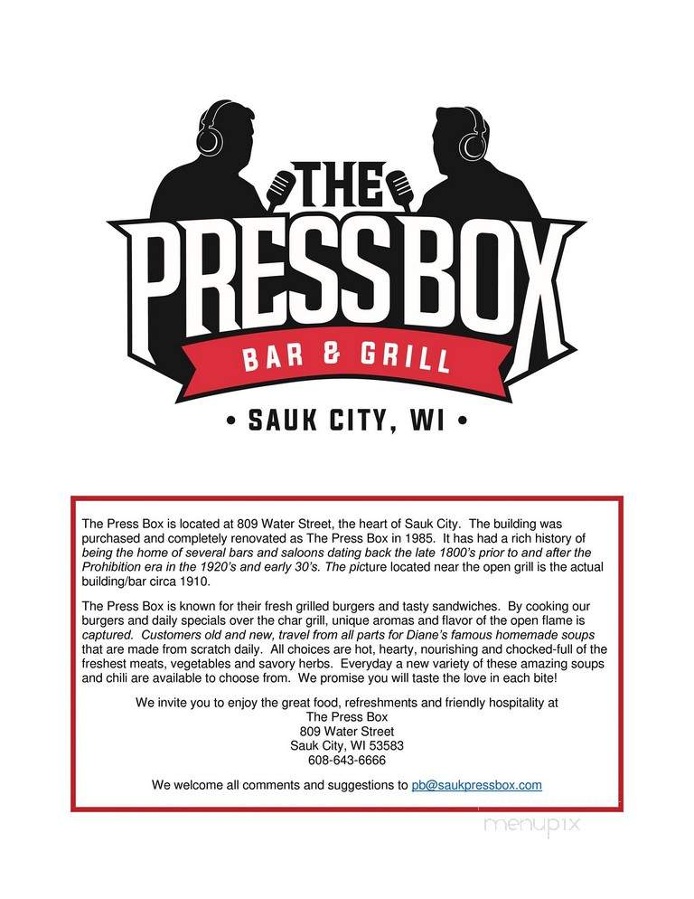 The Press Box Bar & Grill - Sauk City, WI menu_pic