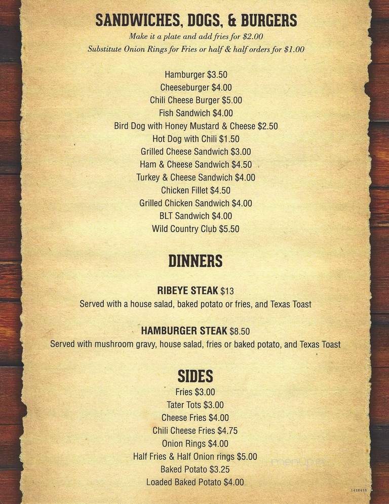 Wild Country Saloon - Piedmont, SC menu_pic