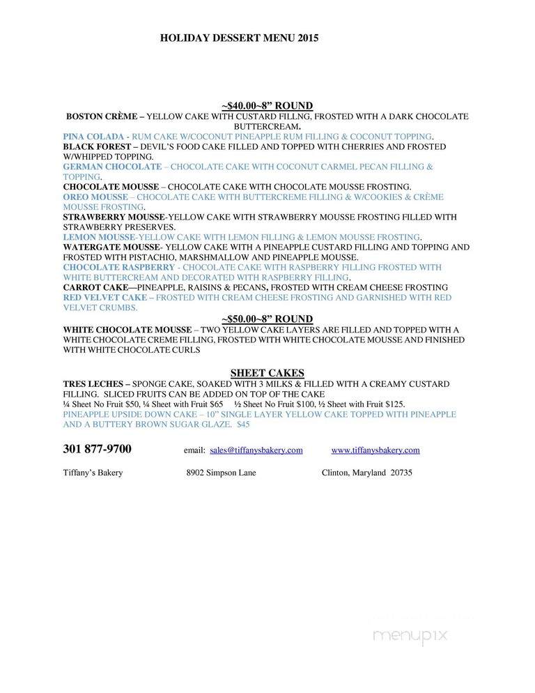 Tiffany's Bakery - Clinton, MD menu_pic
