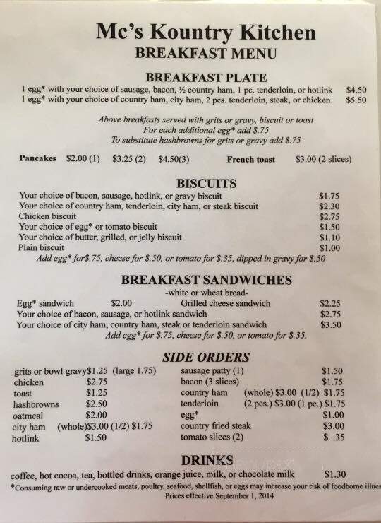 M C's Kountry Kitchen - Clarkesville, GA menu_pic