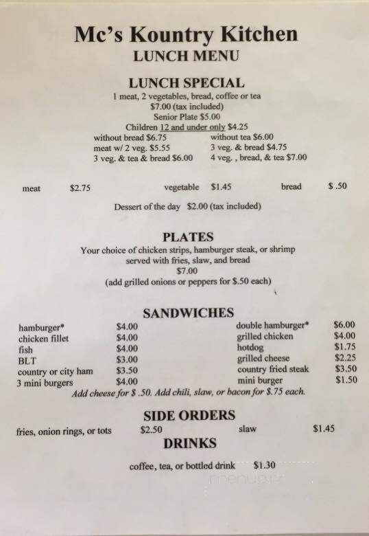 M C's Kountry Kitchen - Clarkesville, GA menu_pic