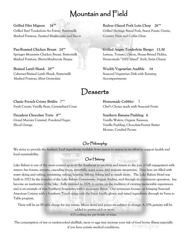 Lake Rabun Hotel Restaurant - Lakemont, GA menu_pic