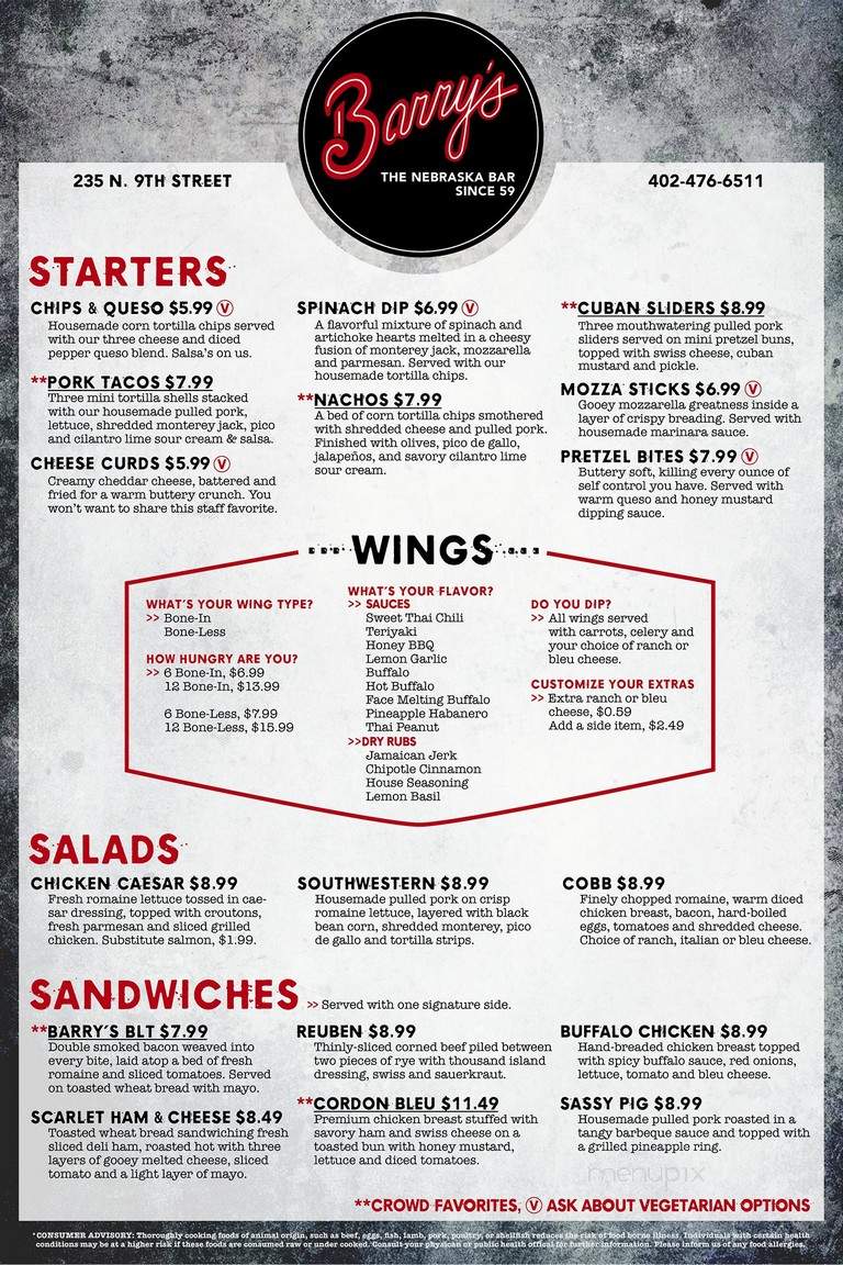 Barry's Bar & Grill - Lincoln, NE menu_pic