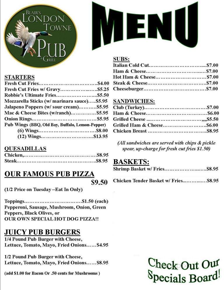 Blair's Londontowne Pub and Grill, LLC - Edgewater, MD menu_pic