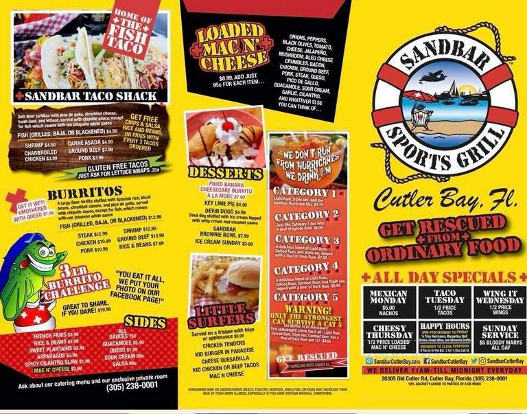 Sandbar Sports Grill - Coral Gables, FL menu_pic