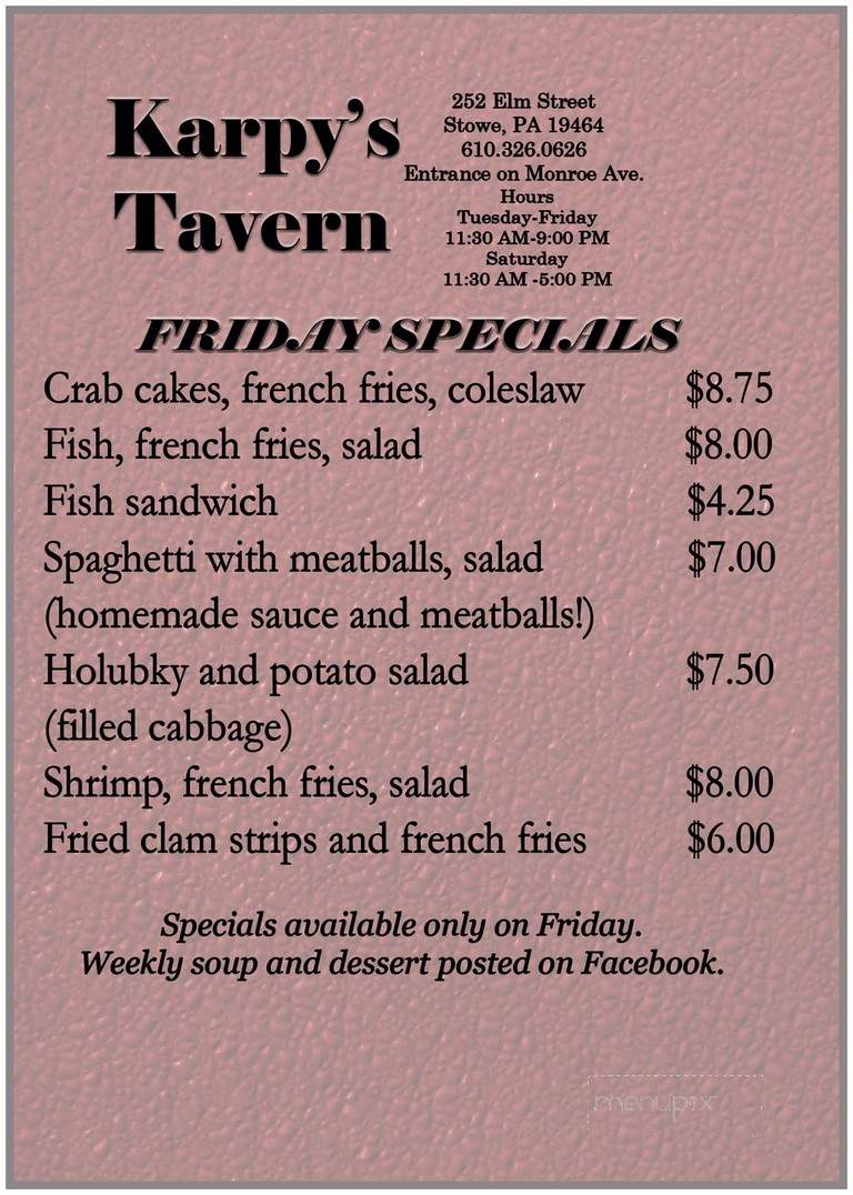 Karpy's Tavern - Stowe, PA menu_pic