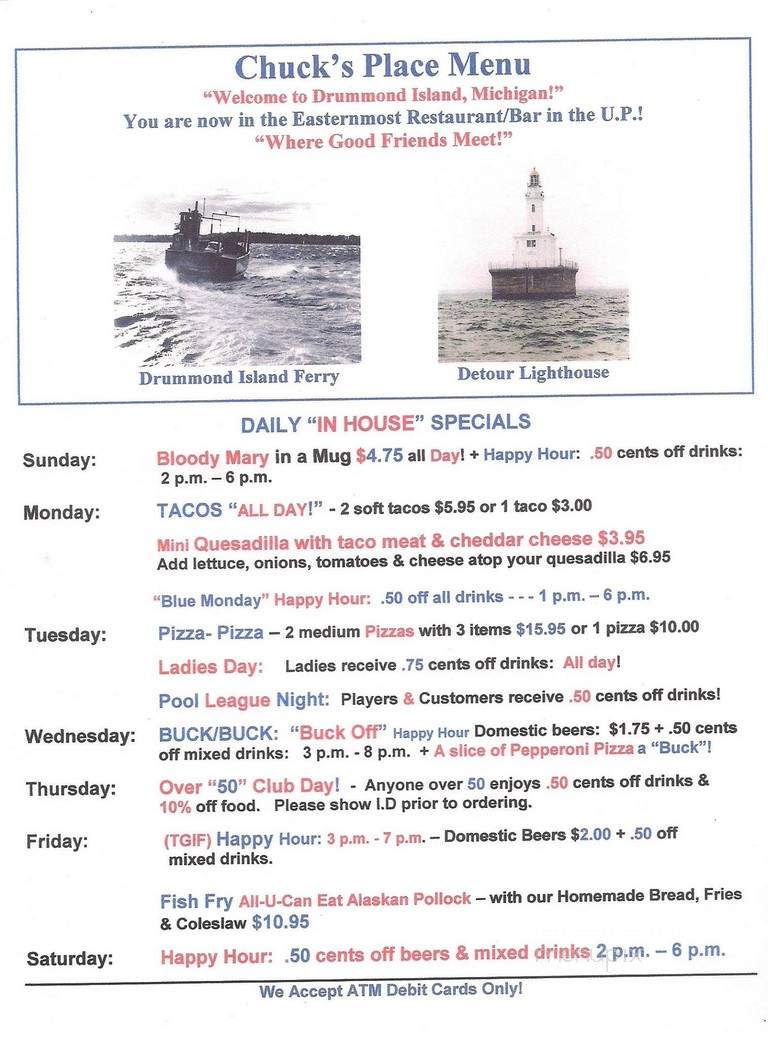 Chuck's Place Bar & Grill - Drummond Island, MI menu_pic