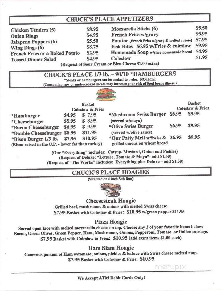 Chuck's Place Bar & Grill - Drummond Island, MI menu_pic