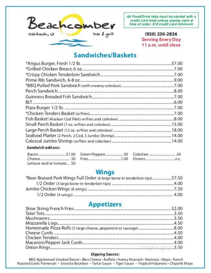 Beachcomber Bar & Grill - Oshkosh, WI menu_pic