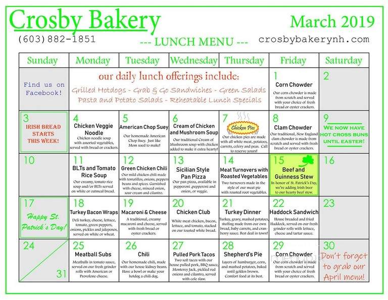 Crosby Bakery Incorporated - Nashua, NH menu_pic