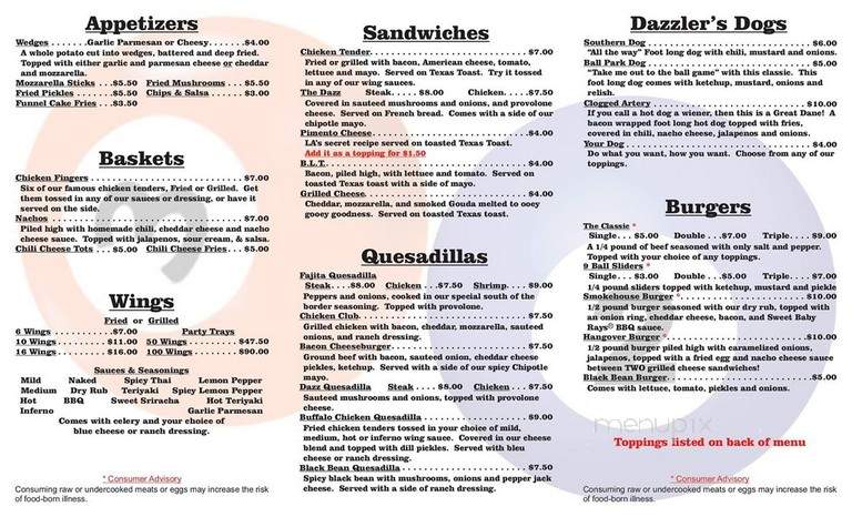 Dazzlers Sports Bar - Anderson, SC menu_pic