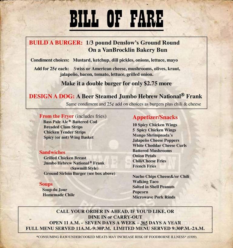Sawmill Saloon - Big Rapids, MI menu_pic