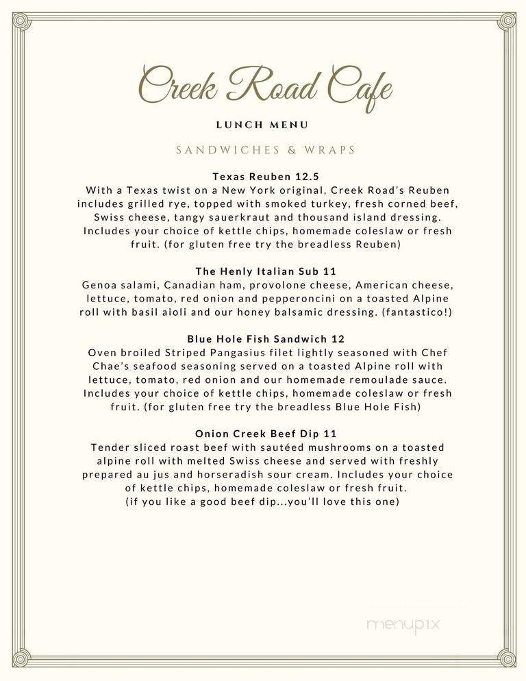 Creek Road Cafe - Dripping Springs, TX menu_pic