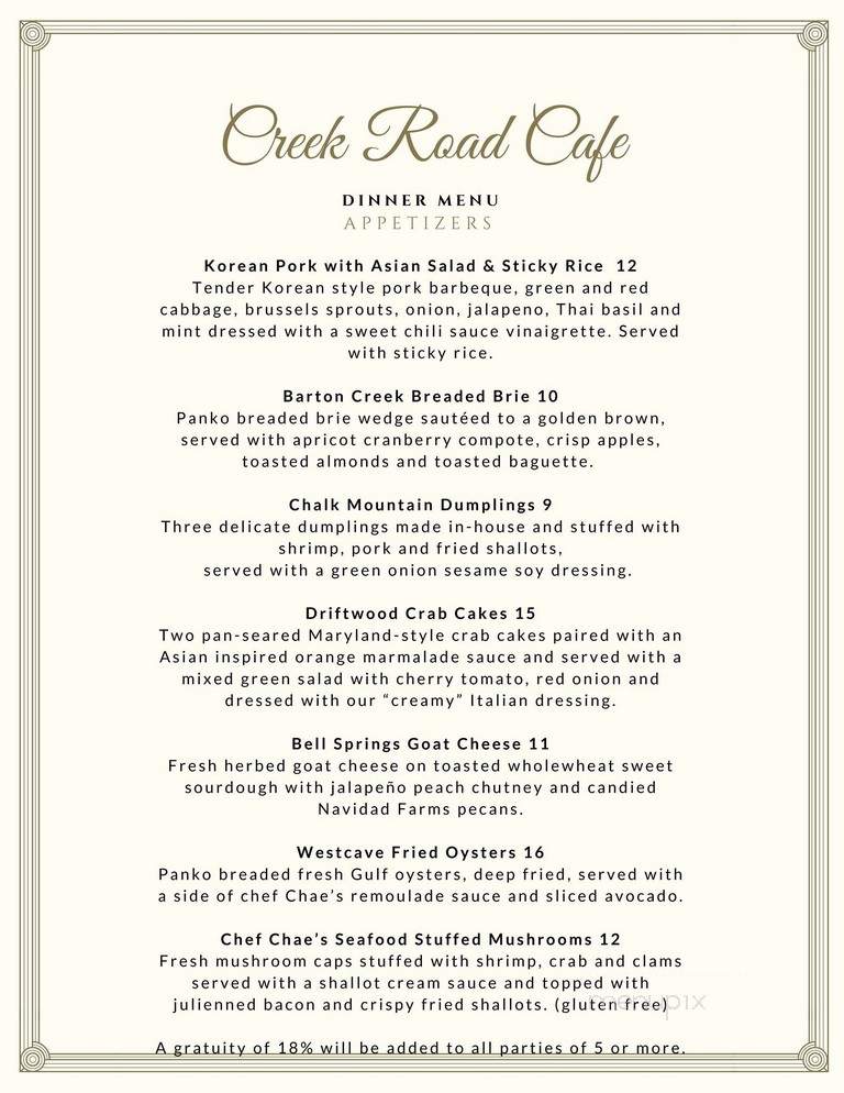 Creek Road Cafe - Dripping Springs, TX menu_pic