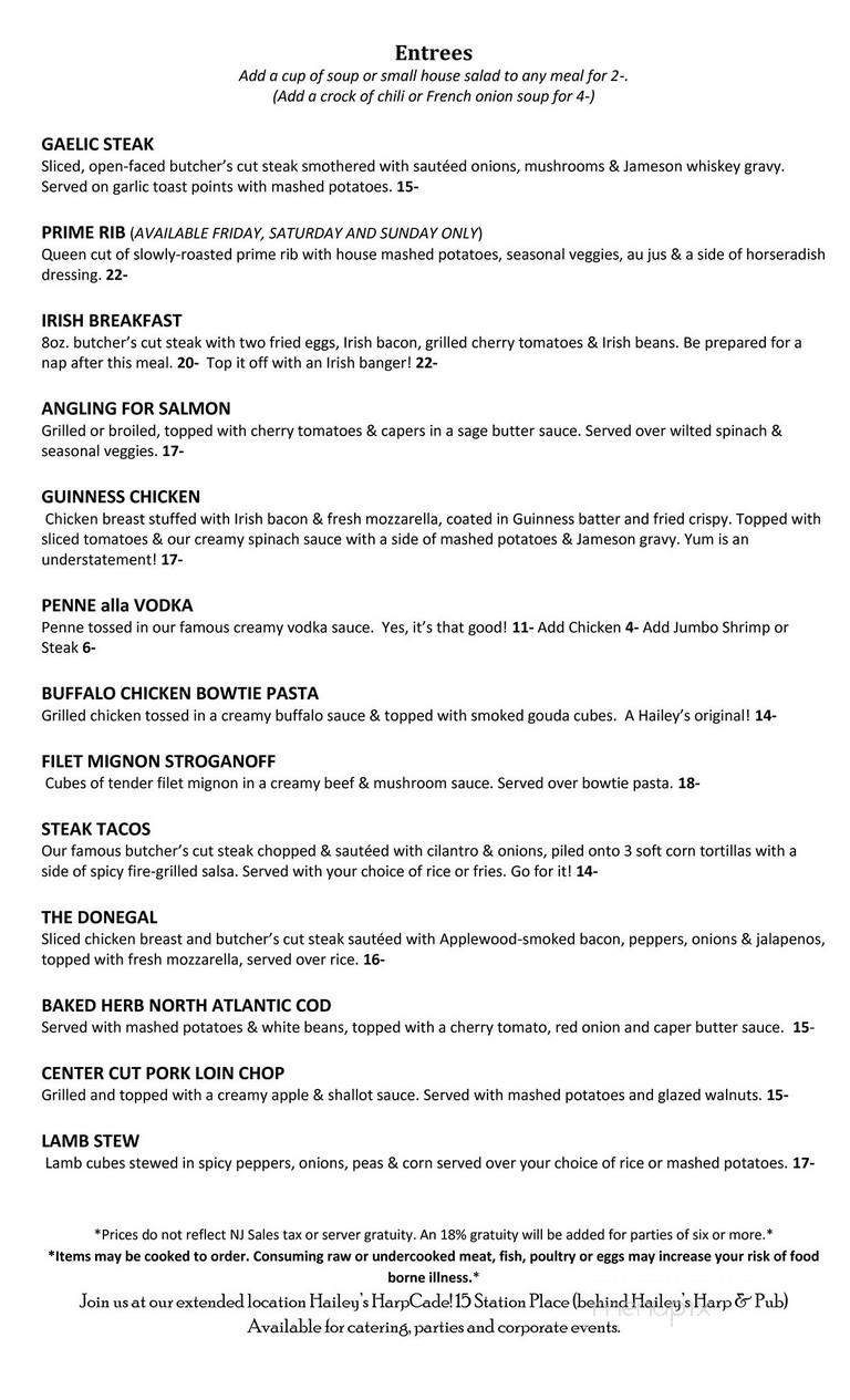 Hailey's Harp & Pub - Metuchen, NJ menu_pic