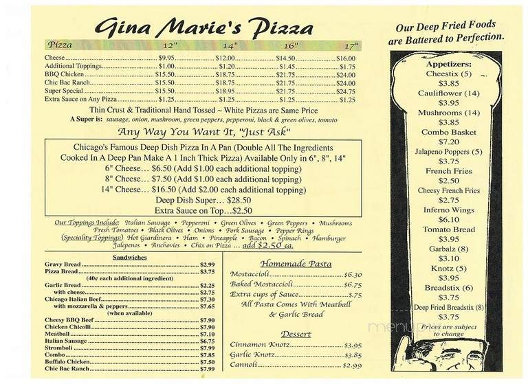 Gina Marie's Pizza - La Porte, IN menu_pic