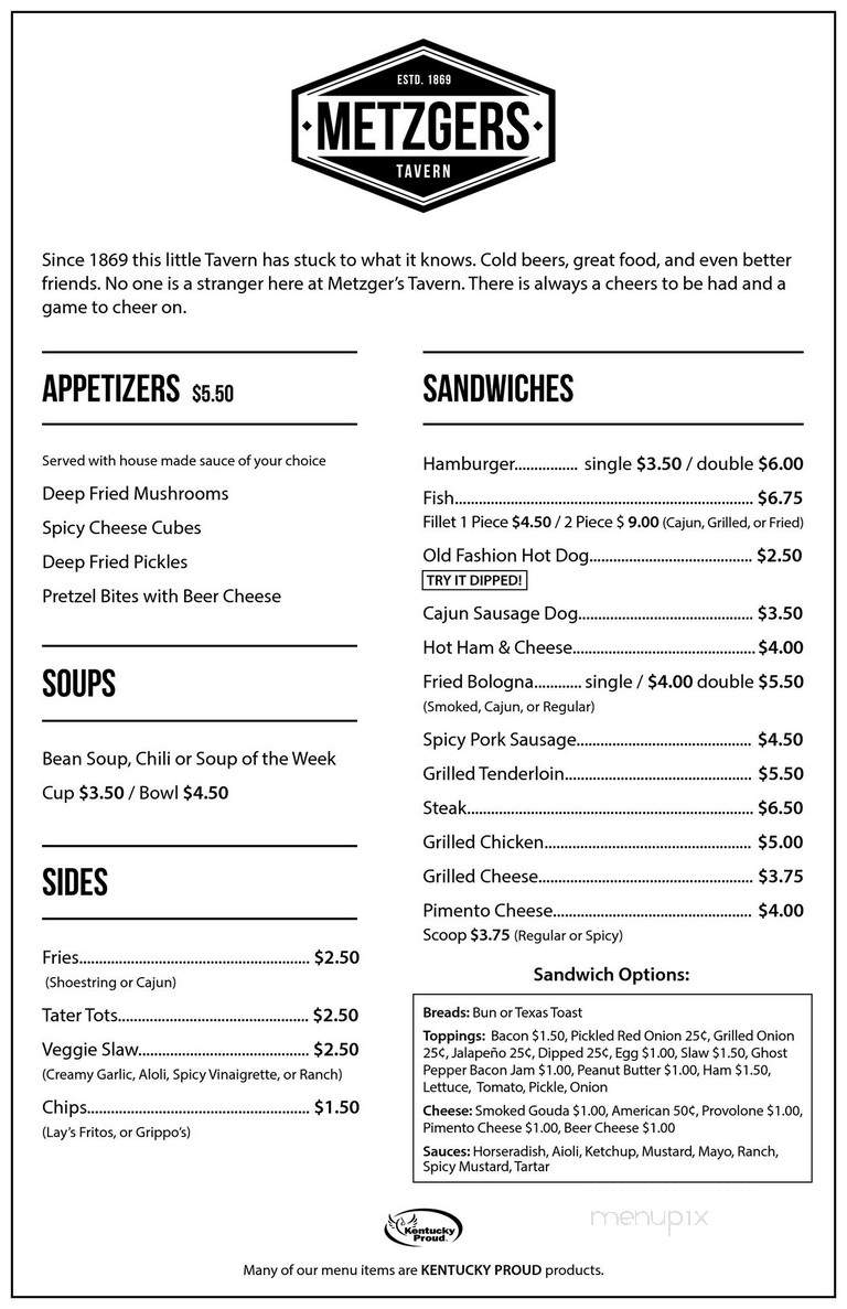 Metzger's Tavern Incorporated - Henderson, KY menu_pic