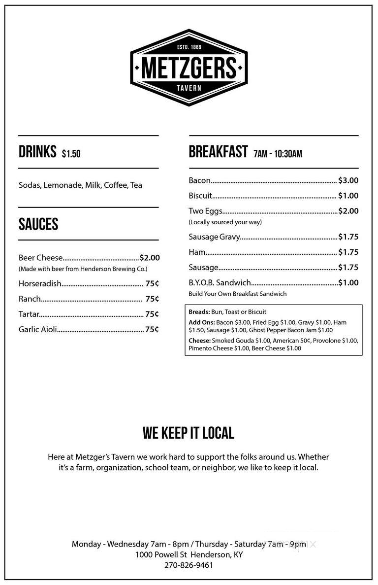 Metzger's Tavern Incorporated - Henderson, KY menu_pic