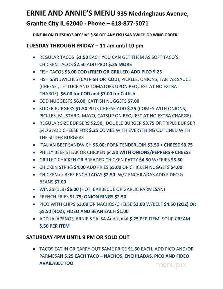 Ernie & Annie's Tavern - Granite City, IL menu_pic