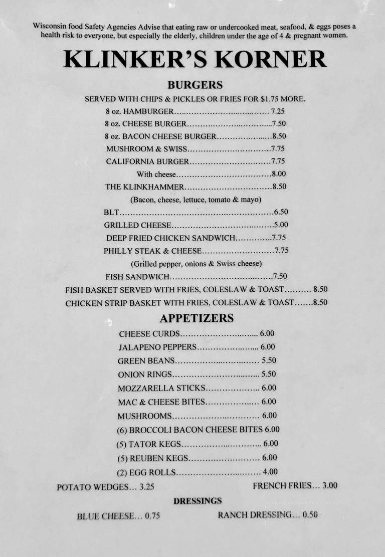 Klinker's Korner - Baldwin, WI menu_pic