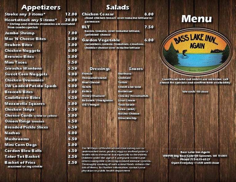 Bass Lake Inn - Spooner, WI menu_pic