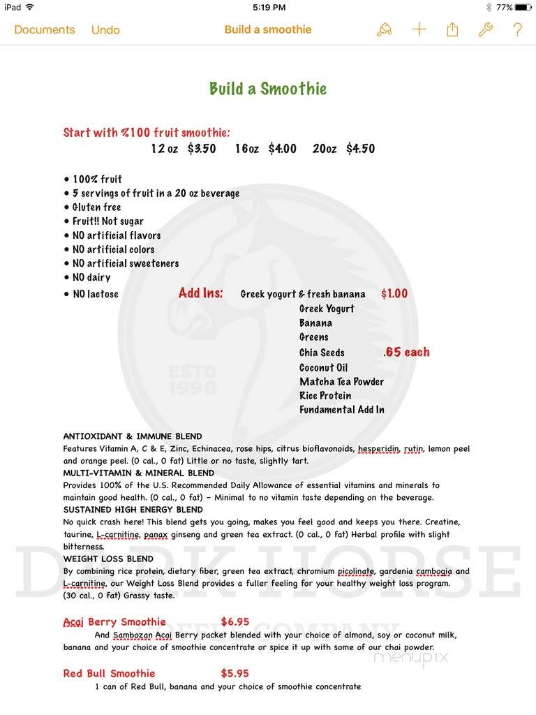 Dark Horse Coffee - Anchorage, AK menu_pic