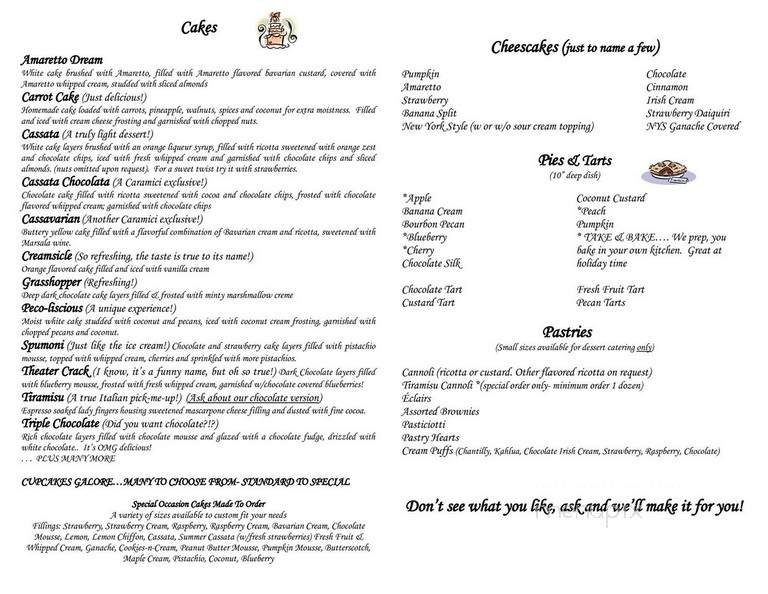 Caramici's Desert Bar & Bakery - Buffalo, NY menu_pic