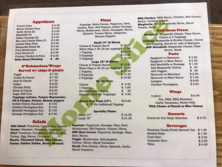 Sugar Hill Pizzeria - Kinston, NC menu_pic