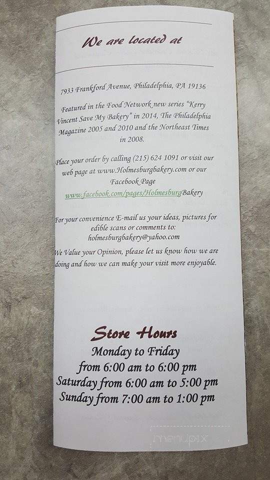 Holmesburg Bakery - Philadelphia, PA menu_pic