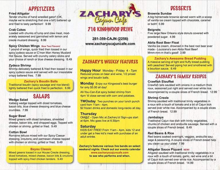 Zachary's Cajun Cafe - Kingwood, TX menu_pic