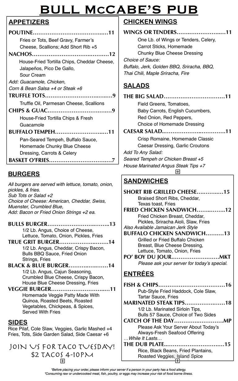 Bull McCabe's - Somerville, MA menu_pic