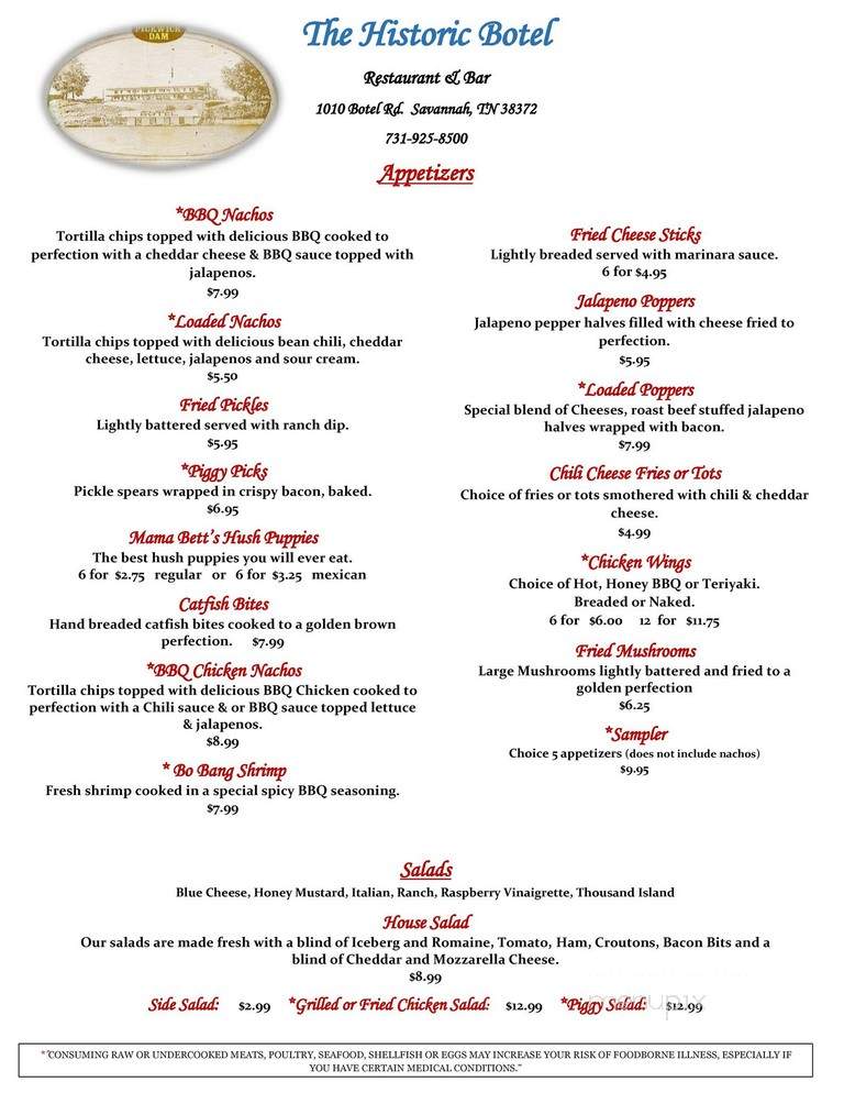 The Historic Botel - Savannah, TN menu_pic