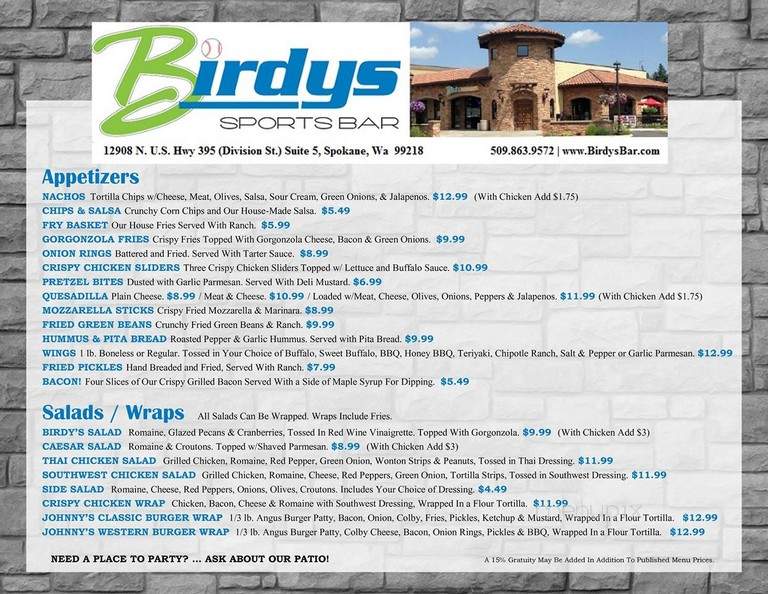 Birdy's Sports Bar - Colbert, WA menu_pic