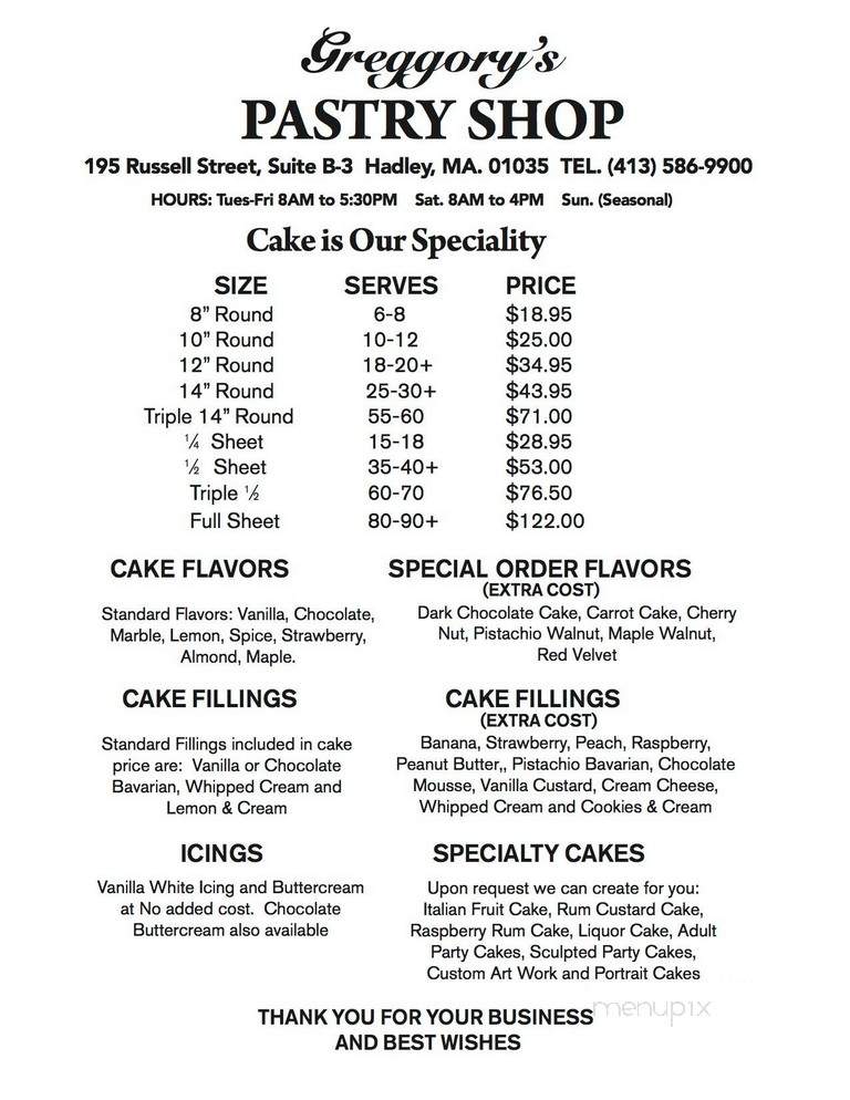 Gregory's Pastry Shop - Hadley, MA menu_pic