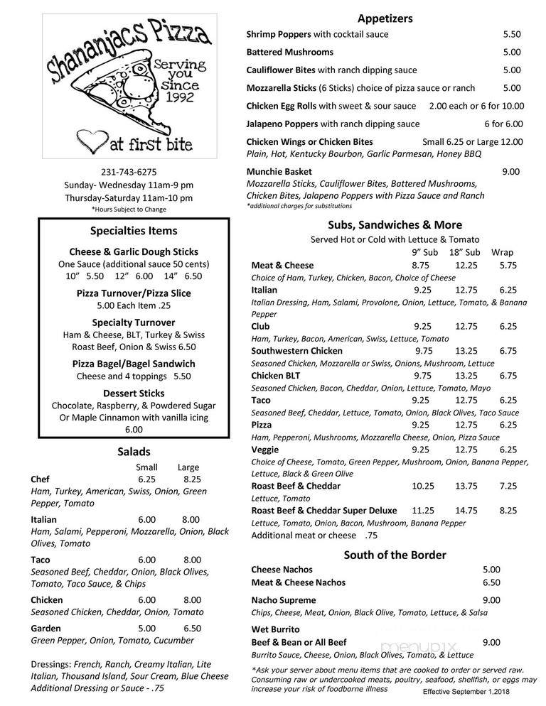 Shananjac's Pizza Incorporated - Marion, MI menu_pic