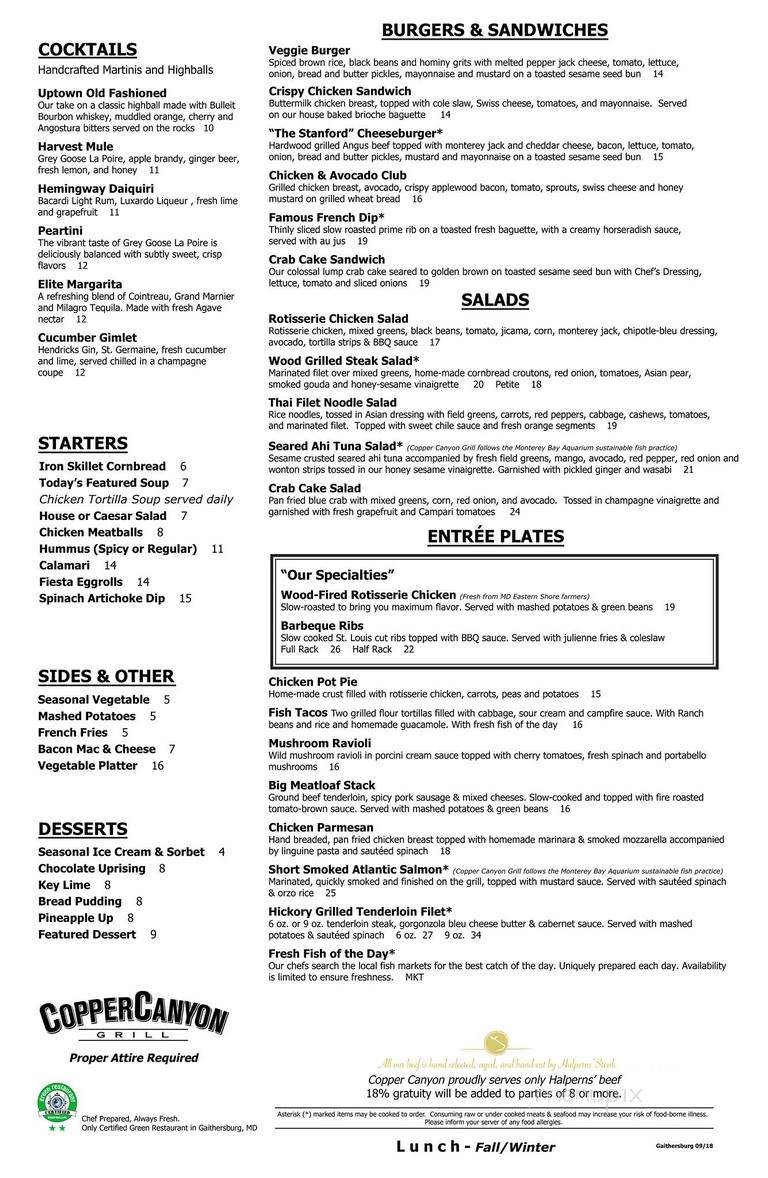 Copper on sale canyon menu
