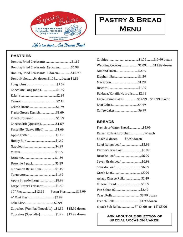 Superior Bakery - Fayetteville, NC menu_pic