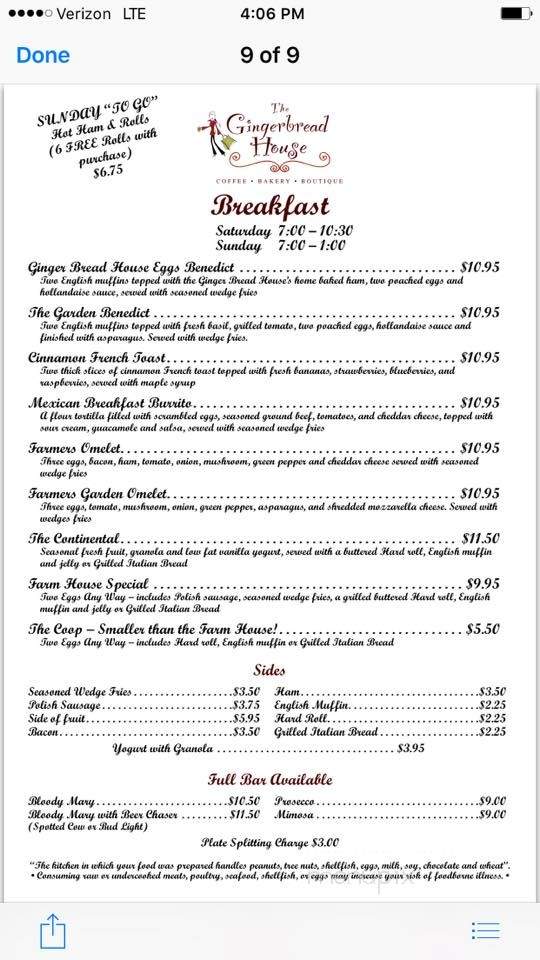 The Gingerbread House - Muskego, WI menu_pic