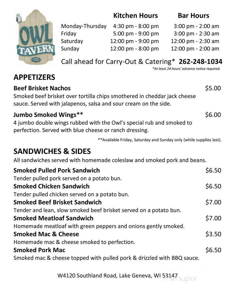 Menu of Owl Tavern in Lake Geneva, WI 53147