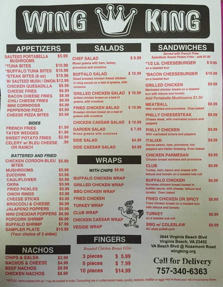 Menu of Wing King Plus in Virginia Beach VA 23452