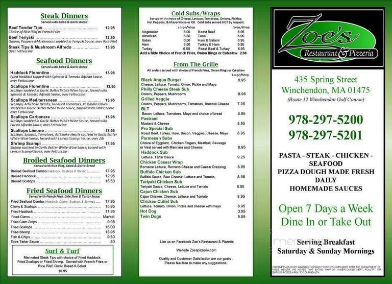 Zoe's Restaurant and Pizzeria - Winchendon, MA menu_pic