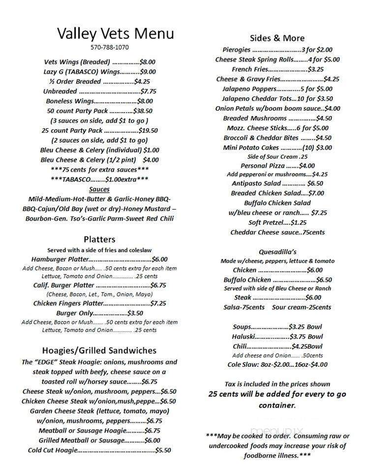Veterans of Foreign Wars 8161 - Conyngham, PA menu_pic