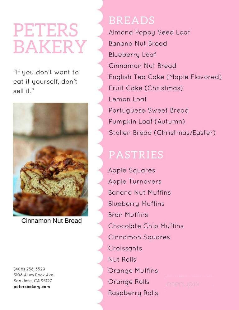 Peters' Bakery - San Jose, CA menu_pic
