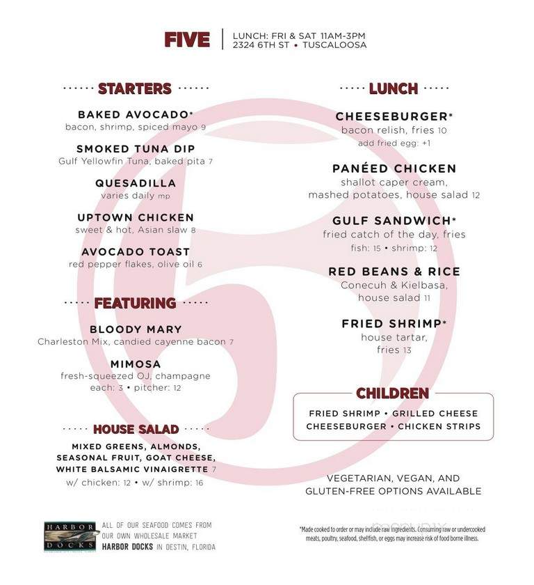 Menu Of Five In Tuscaloosa AL 35401 menu-of-five-in-tuscaloosa-al-35401