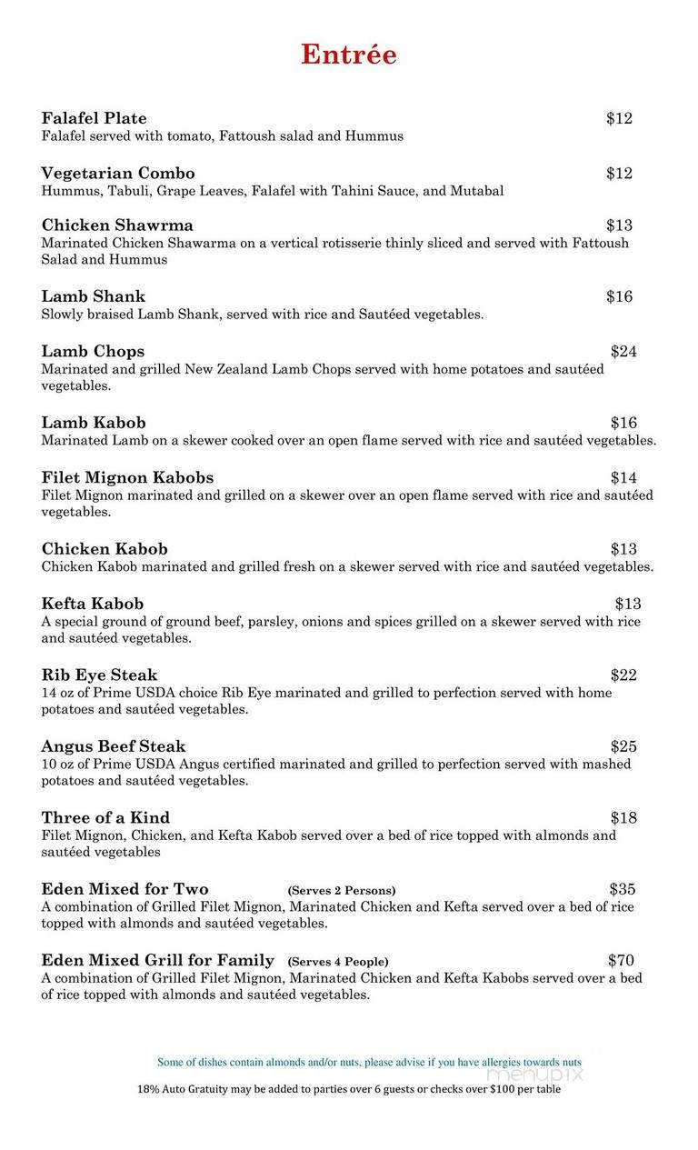 Eden Garden Bar Grill - Pasadena, CA menu_pic
