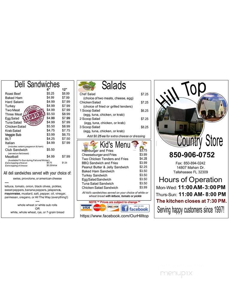 Hill Top County Store - Tallahassee, FL menu_pic