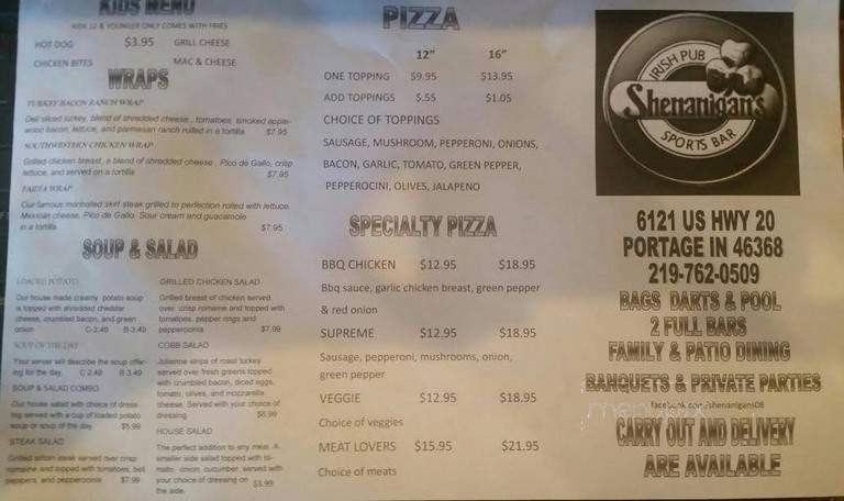 Shenanigans - Portage, IN menu_pic