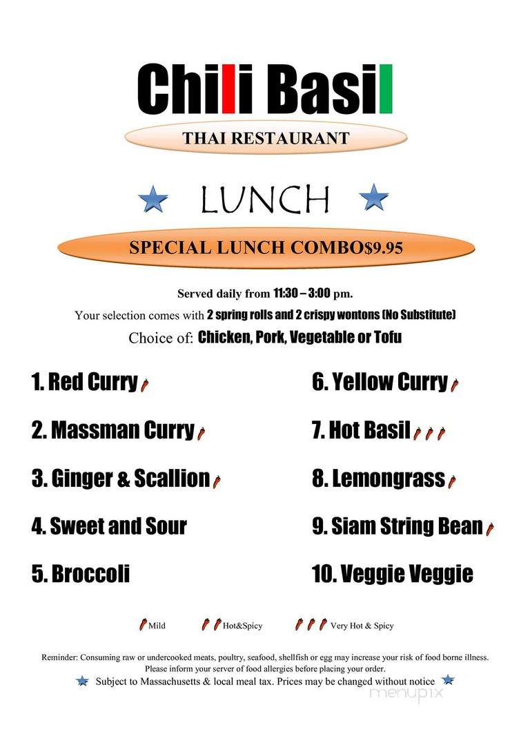 Chili Basil Thai Restaurant - Sudbury, MA menu_pic